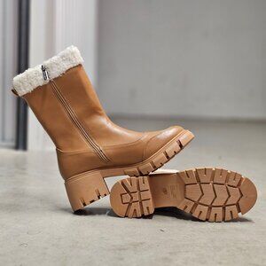 Womens Tan Faux Leather Mid-Calf Boots With Chunky Sole & Faux Shearling Trim